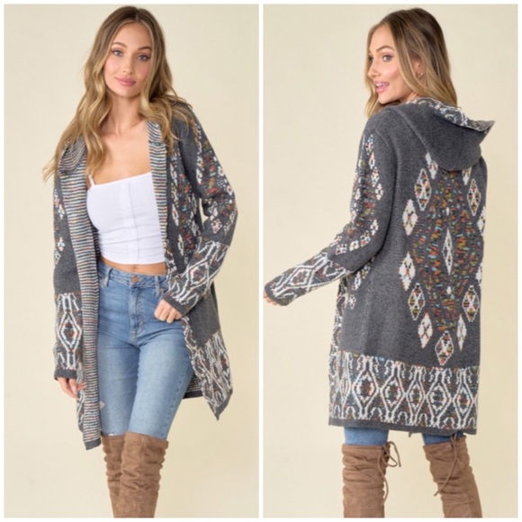 Sweaters - SOLD OUT Gray Aztec Tribal Rainbow Western Hooded Knit Open Cardigan Long Sleeve